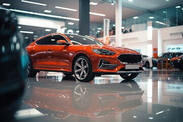 An orange car parked in a showroom. Ideal for automotive industry promotions and car dealership advertisements. - obrazy, fototapety, plakaty