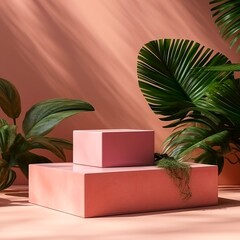 Cosmetic background with geometric shapes on a pink backdrop. Two cubic podiums and green leaves. Abstract background. Mockup for the demonstration of cosmetic products. Made with generative ai.