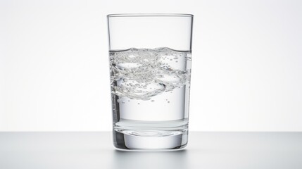 Glass of water with ice cubes on a white background.