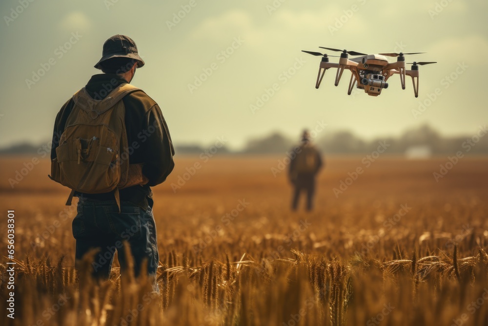 Poster A man stands in a field, gazing up at a mysterious flying object. This captivating image can be used to depict curiosity, wonder, or the exploration of the unknown.