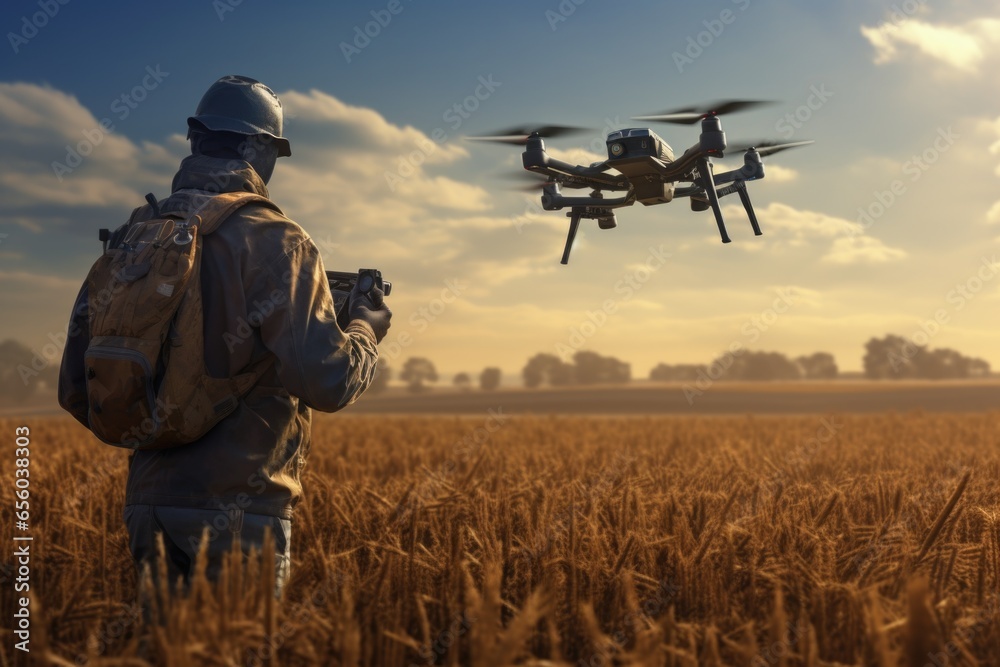 Aufkleber A man stands in a beautiful wheat field, looking up at a mysterious flying object. This image captures the awe and wonder of the unknown. Perfect for illustrating curiosity and exploration.