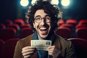 A man with curly hair and glasses is holding a check in his hand. This image can be used to represent financial transactions, business deals, or receiving payment. - obrazy, fototapety, plakaty