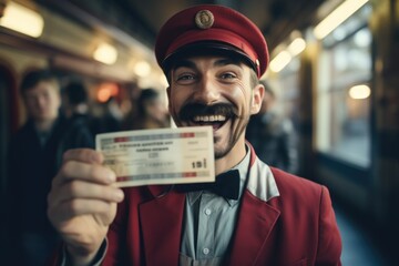 A man wearing a red jacket and hat holding a ticket. This image can be used to represent travel, entertainment, or event concepts.