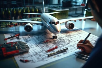A model airplane is depicted resting on top of a blueprint. This image can be used to represent aviation, engineering, design, creativity, or the process of building and constructing. - obrazy, fototapety, plakaty