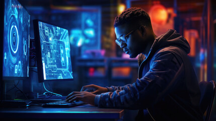 Black man working at a computer in neon lights, hacker, secret work, network hacking - obrazy, fototapety, plakaty