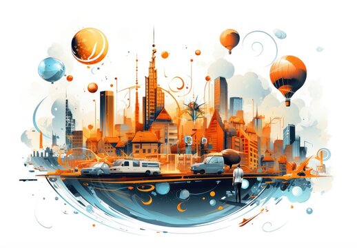 Skyscrapers. Town. The concept of the city of the future. Contemporary abstract geometric art of buildings. Digital art in watercolor style. Illustration for banner, card, cover, ad or presentation.