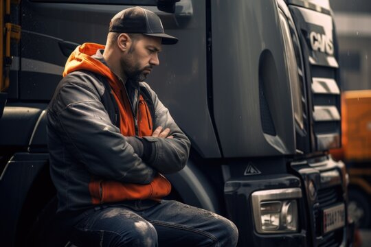 A man is seen sitting on the side of a truck. This image can be used to depict transportation, travel, or a break during a road trip.