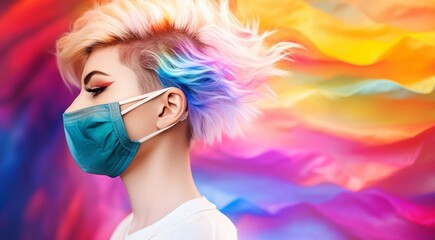 lgbtq person with rainbow medical mask on rainbow background, lgbtq person portrait on rainbow abstract background, person with rainbow colors
