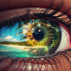 Tropical seashore in the eye. Vacation dreaming concept.