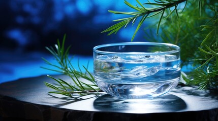 glass of water and spruce tree branch on blue background, closeup