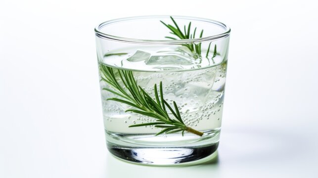 Glass of fresh water with rosemary and ice cubes on white background