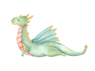 Obraz premium Dragon doing stretching. Cute winged animal practicing fitness exercises. Green dragon with wings. Cartoon style. Watercolor illustration. For yoga center