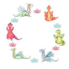 Round frame with of stylish cartoon Dragons in various poses of yoga. Animal meditation. Colored Dragons practicing fitness exercises. Watercolor illustration for yoga center, spa, label, poster