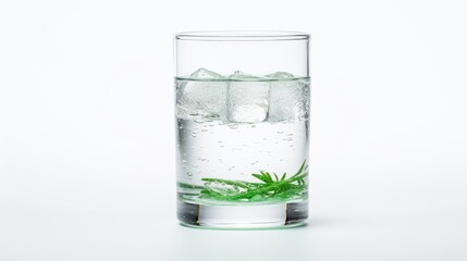 Glass of water with ice and spruce branch on a blue background