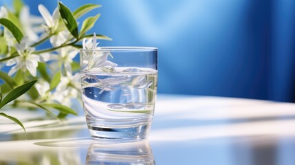 Glass of water with ice and flowers on blue background, closeup
