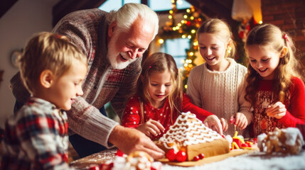 Family Holiday Moments. Christmas time with children, a happy grandfather making a gingerbread house with his grandchildren. Christmas warm home atmosphere. - obrazy, fototapety, plakaty