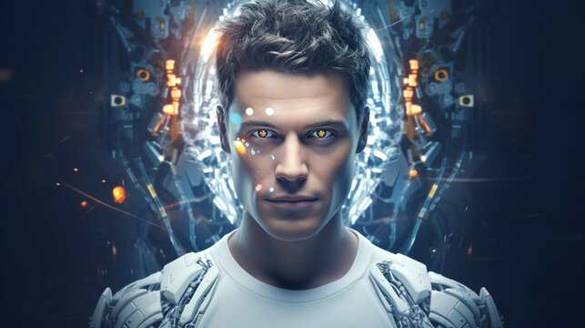 Portrait Face construction man with innovation. Futuristic dark blue background. Close-up.