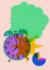Risograph alarm clock wirh speech bubble and geometric shapes. Waking up early morning concept with objects in trendy riso graph design, print texture style.