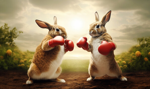 Close up of two cute boxing hares