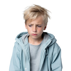 sad kid boy in a bad mood or sick and has problems, png file of isolated cutout object on transparent background.