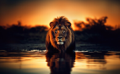 Close-up of a lion standing in water at sunset