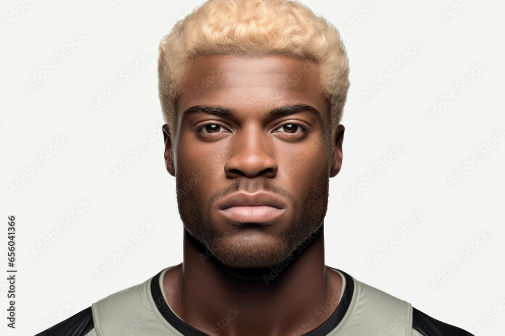 Poster A detailed close-up of a man with blonde hair. This image can be used in various contexts and projects.