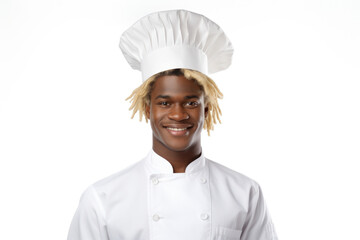 A man wearing a chef's hat strikes a pose for a photograph. This image can be used to depict a professional chef or cooking-related themes.