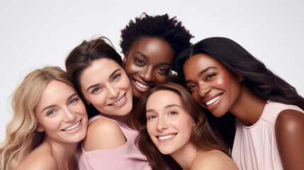 Obraz premium Group of diverse women posing in studio, multiculturalism, inclusivity, Multiethnic, smile, happy. Beautiful natural diversity people