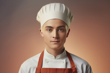 A picture of a young man wearing a chef's hat and apron. This image can be used to illustrate cooking, culinary arts, or a professional chef in a kitchen setting.