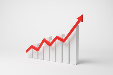 White bar chart with a red line graph on white background in monochrome and minimalism. Illustration of the concept of growth of business sales and revenue
