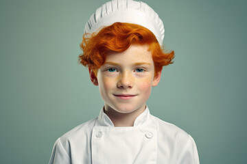 A young boy with red hair wearing a chef's hat. This image can be used for culinary-related projects or to depict a child's interest in cooking.