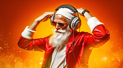 DJ Santa Claus in headphones and a red suit on an orange background