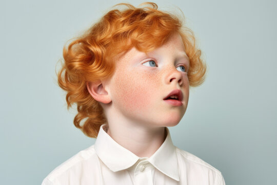 A young boy with vibrant red hair wearing a crisp white shirt. This versatile image can be used in various contexts.