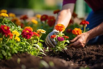 Close-up: Gardener Planting Vibrant Flowers in a Garden.