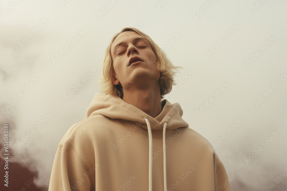Poster a man wearing a hoodie looks up into the sky. this image can be used to depict curiosity, wonder, or