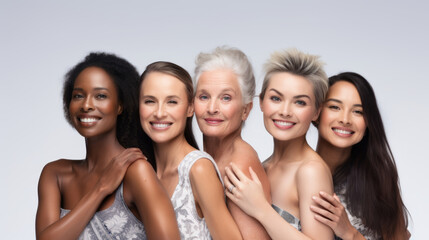 Obraz premium Group of diverse women in different ages posing in studio, multigenerational, multiculturalism, inclusivity, Multiethnic, smile, happy. Beautiful natural diversity people