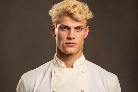 A picture of a man with blonde hair wearing a chef's uniform. This image can be used to depict a professional chef in a restaurant or culinary setting.