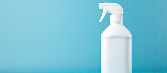 Front view mock up of white plastic bottle with handle designed for liquid powder or gel for presentation on a blue background Also includes a stack of colored laundry made from natural fabr - obrazy, fototapety, plakaty