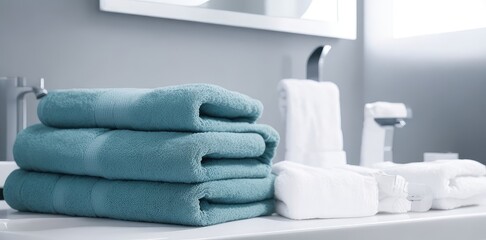 Interior of a white bathroom. A chic modern bathroom interior with towels. Home decor and design