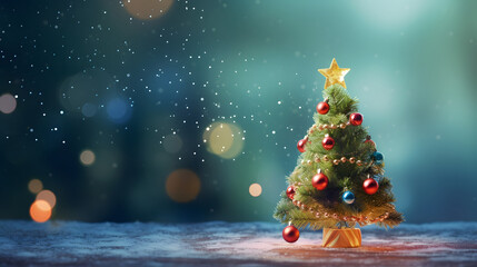 Cute little christmas tree with shiny red ornaments - obrazy, fototapety, plakaty