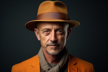Portrait of senior man wearing hat and coat. Studio shot.