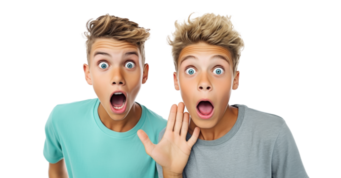 two amazed teenage boys friends, png file of isolated cutout object on transparent background.