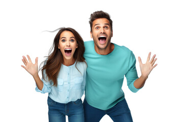 happy amazed couple of young people, png file of isolated cutout object on transparent background. - obrazy, fototapety, plakaty