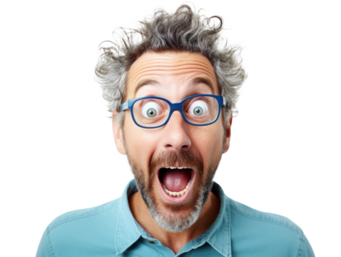 surprised joyful mature man, png file of isolated cutout object on transparent background.