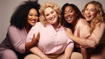 Group of beautiful plus size women posing in studio, body positivity, multiculturalism, inclusivity, Multiethnic, smile, happy, neutral pastel tones