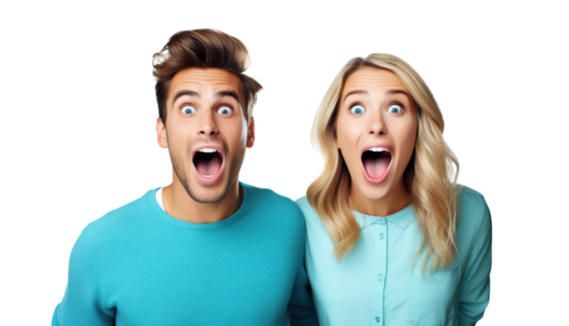 happy amazed couple of young people, png file of isolated cutout object on transparent background.