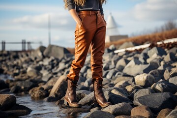 Girl in Leather Pants Paired with Brown Ugg Boots. - obrazy, fototapety, plakaty