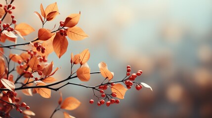 Autumn background, golden leaves on a branch. Blurred backdrop. Concept: nature and landscape, close-up. Free space for copy space. Design banner