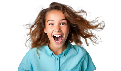 surprised joyful teenager girl, png file of isolated cutout object on transparent background. - obrazy, fototapety, plakaty