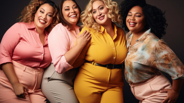 Group of beautiful plus size women posing in studio, body positivity, multiculturalism, inclusivity, Multiethnic, smile, happy, colorful tones